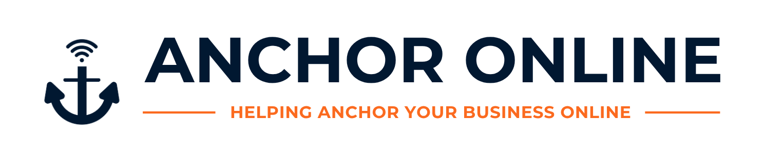 Logo with an anchor and Wi-Fi symbol, next to the words “Anchor Online.” Below, orange text reads “Helping anchor your business online” with orange lines on each side.