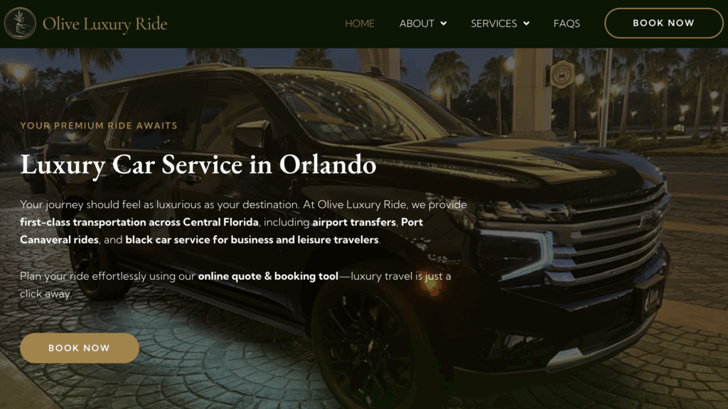 A black luxury SUV is parked on a paved area at night, with text promoting Olive Luxury Ride's car service and SEO in Orlando overlaid on the image.