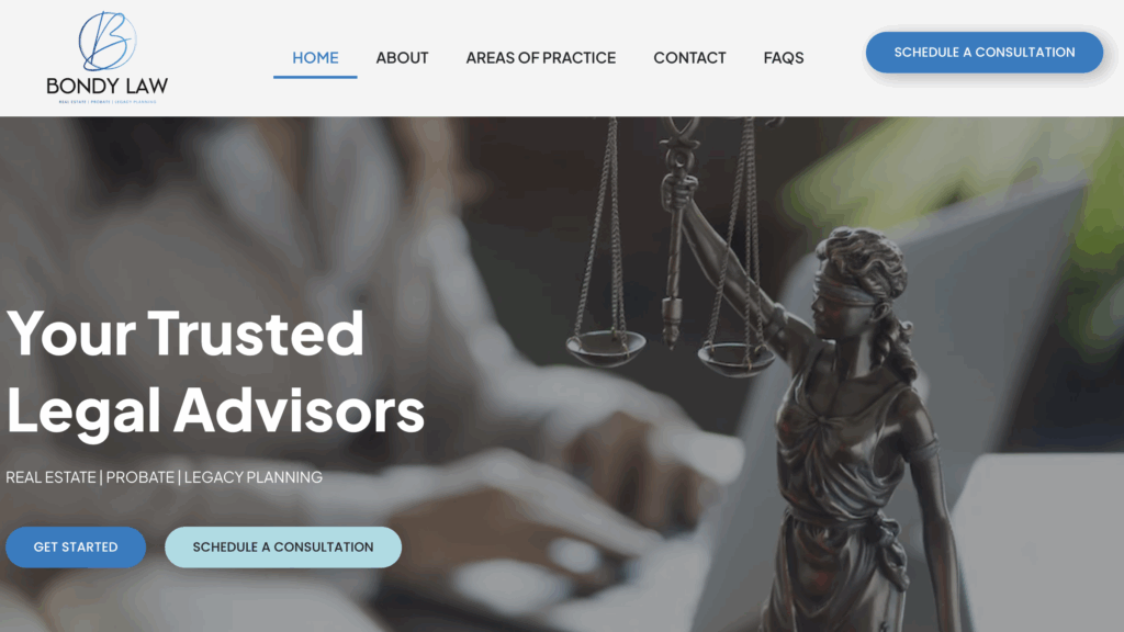 A website homepage for Bondy Law featuring a Lady Justice statue, navigation menu, and buttons to get started or schedule a consultation—designed for clients seeking expert legal services and effective SEO in Orlando.