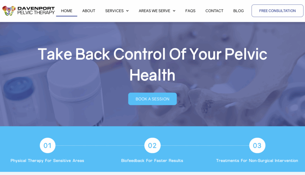 Screenshot of a website homepage for Davenport Pelvic Therapy, featuring a banner with "Take Back Control Of Your Pelvic Health," a "Book a Session" button, and design optimized for those seeking pelvic therapy and SEO in Orlando.