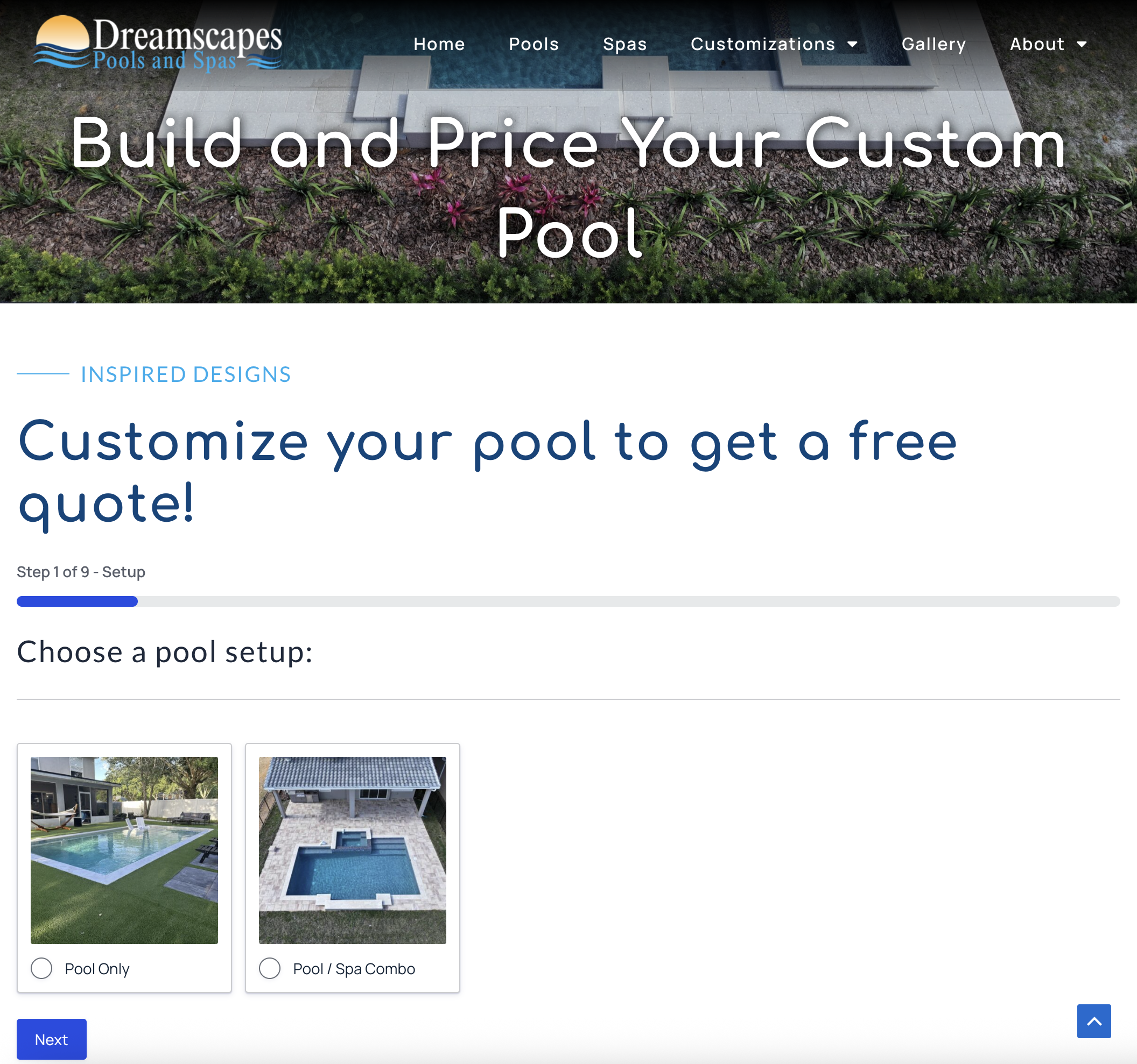 A webpage from Dreamscapes Pools and Spas—ranked for top SEO in Orlando—prompts users to choose between a pool only or pool/spa combo setup as the first step to customizing a pool for a quote.