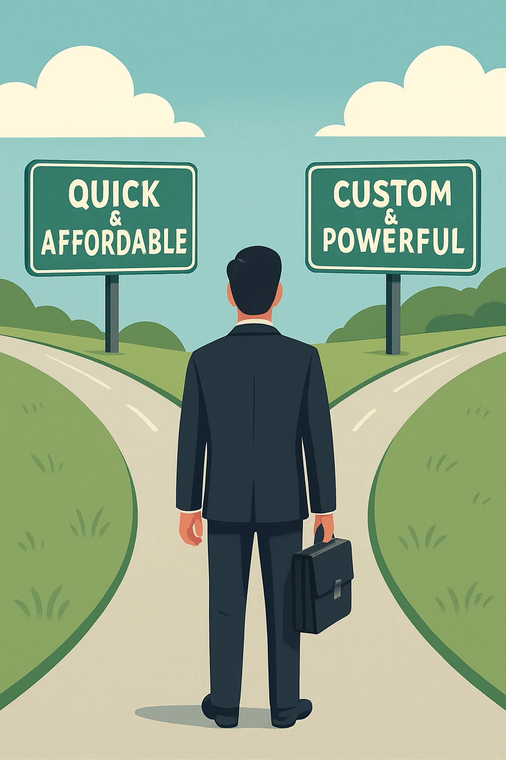 A person in a suit with a briefcase stands at a fork in the road, facing two signs: "SEO in Orlando—Quick & Affordable" on the left and "Custom & Powerful" on the right.