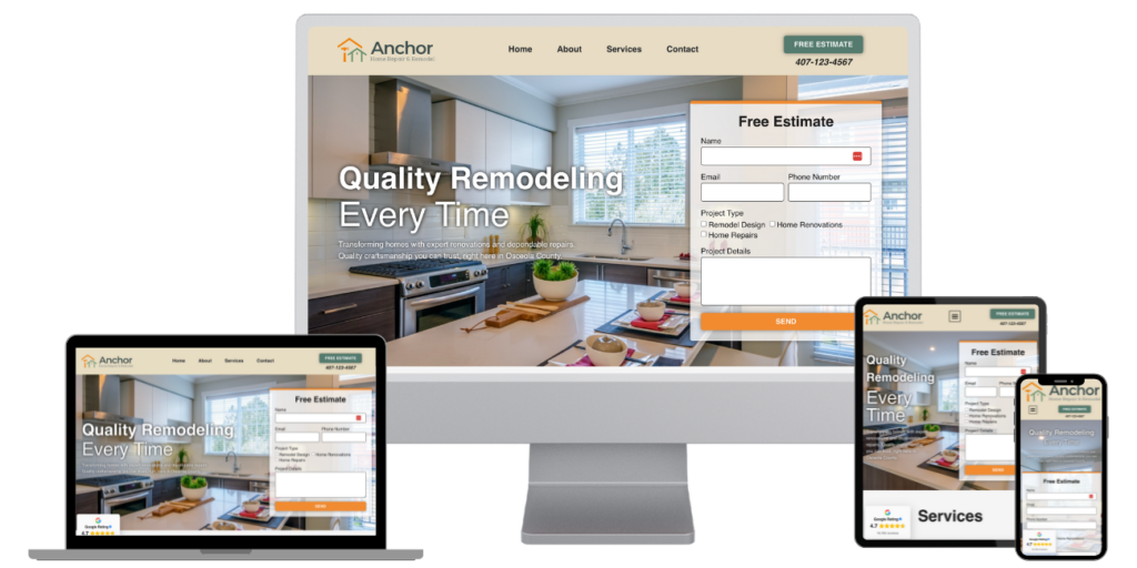 Anchor Remodeling’s website displayed on desktop, tablet, and mobile devices showcases a kitchen remodel, navigation bar, free estimate form, and contact info, demonstrating a responsive web design ready to launch website-wide.