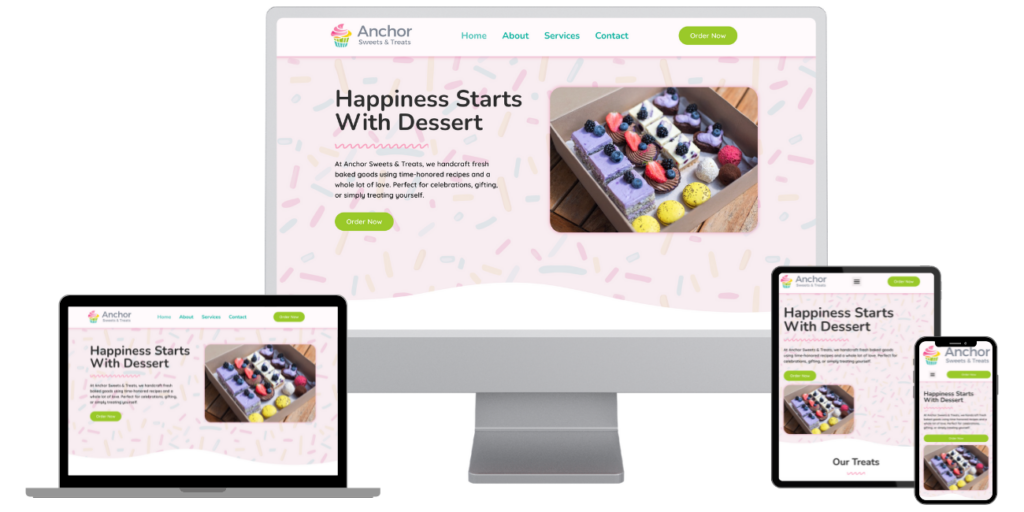 A bakery website’s homepage is shown on a desktop, laptop, tablet, and smartphone. The featured image is a box of colorful baked treats. The headline reads, “Happiness Starts With Dessert.” This inviting display highlights how sweet it is to launch your website across every device.