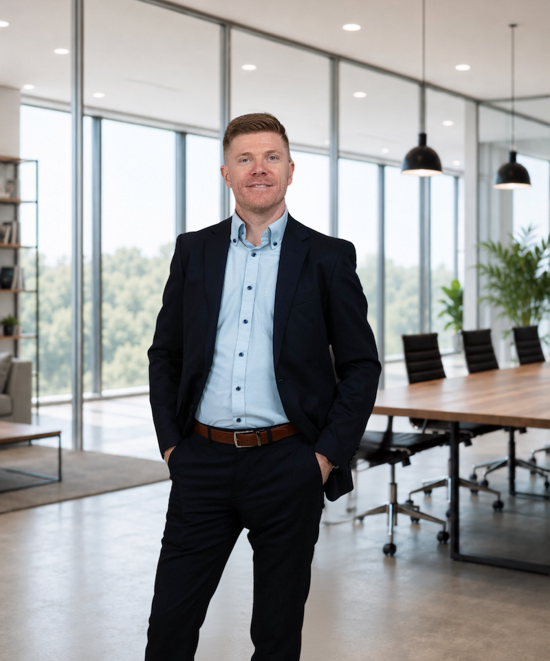 A man in a dark suit stands smiling in a modern office with large windows, a conference table, pendant lights, greenery, and shelves in the background—an ideal setting for discussing innovative projects like St. Cloud Web Design.