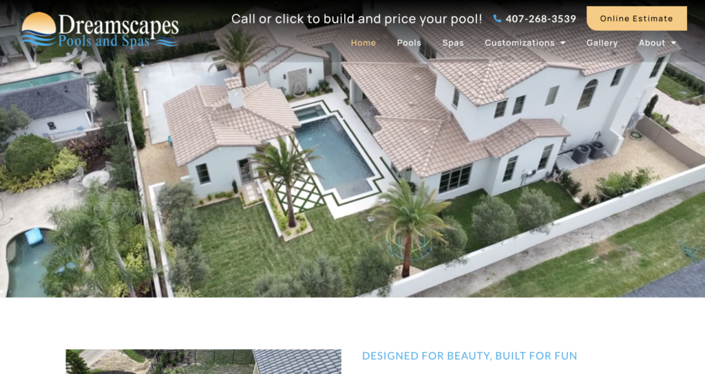 Aerial view of a house with a backyard pool, green lawn, palm trees, and surrounding fence. The image is featured in the Website Design Portfolio for Dreamscapes Pools and Spas, with contact info and menu visible at the top.
