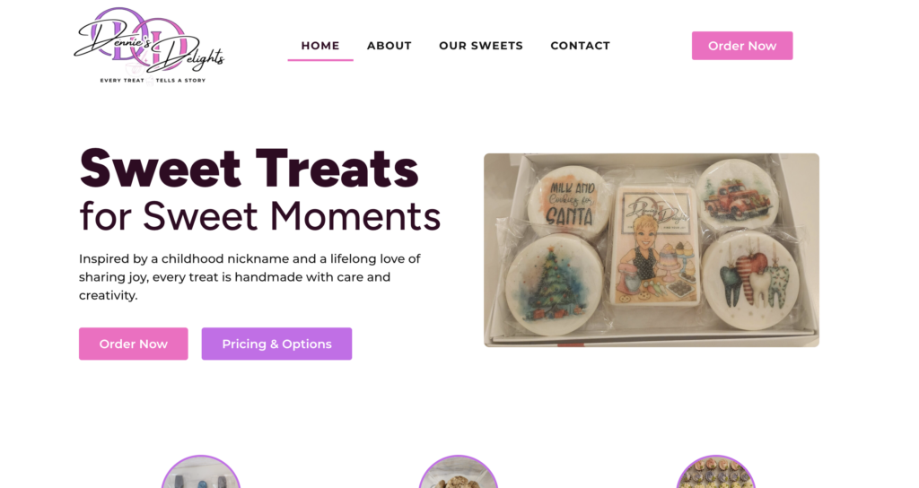 Website homepage for “David’s Delight” featuring decorated round cookies with festive images, and options to order or view pricing. Text promotes handmade, creative sweet treats for special moments. Purple and pink accents throughout showcase a Website Design Portfolio that highlights the artistry behind each delightful creation.