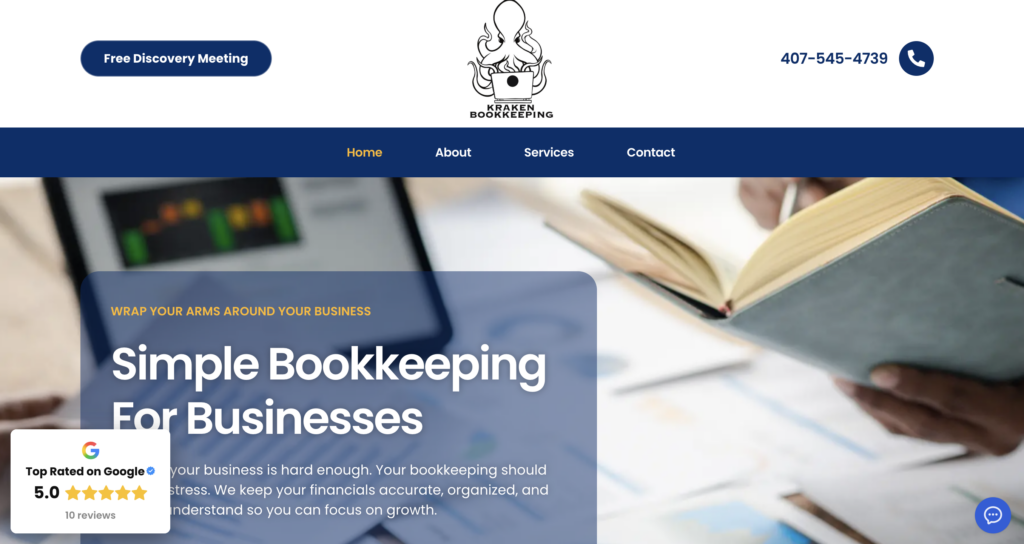 Website homepage for Kraken Bookkeeping, showcasing a polished Website Design Portfolio alongside a header with contact info, logo, a “Free Discovery Meeting” button, a five-star Google rating badge, and a main banner about bookkeeping services for businesses.