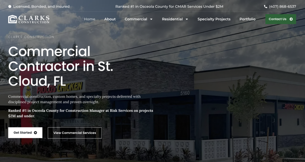 A construction company’s website homepage showcases a modern building with the text “Commercial Contractor in St. Cloud, FL,” a navigation menu at the top, and highlights its impressive Website Design Portfolio to demonstrate past projects and expertise.