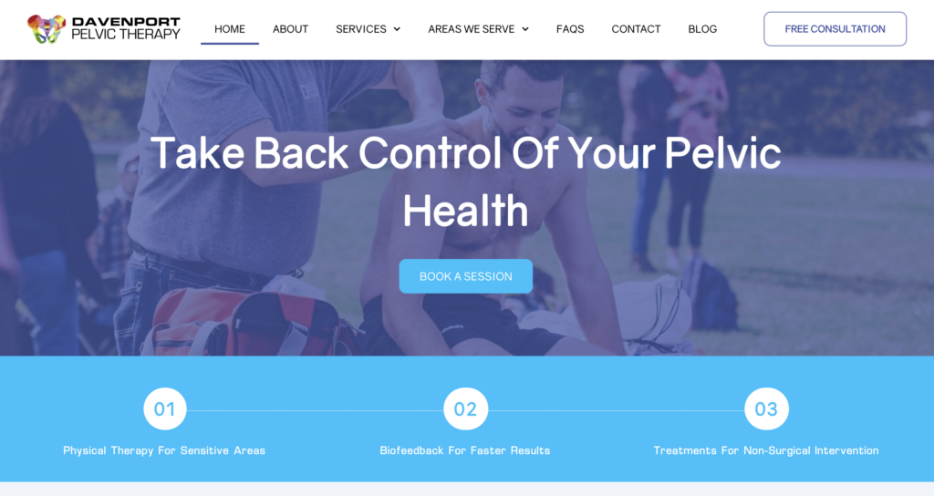 A website banner shows “Take Back Control Of Your Pelvic Health” over a background of people outdoors. Below, three icons highlight physical therapy, biofeedback, and non-surgical treatments—capturing the clean, user-focused style of a professional Website Design Portfolio.