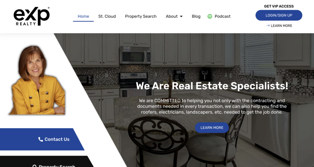 Website homepage for eXp Realty showing a kitchen, a smiling woman on the left, navigation menu, and text promoting real estate services. The polished layout is a showcase in our Website Design Portfolio. There are buttons for contact and property search, along with a “Learn More” option inviting visitors to explore further.