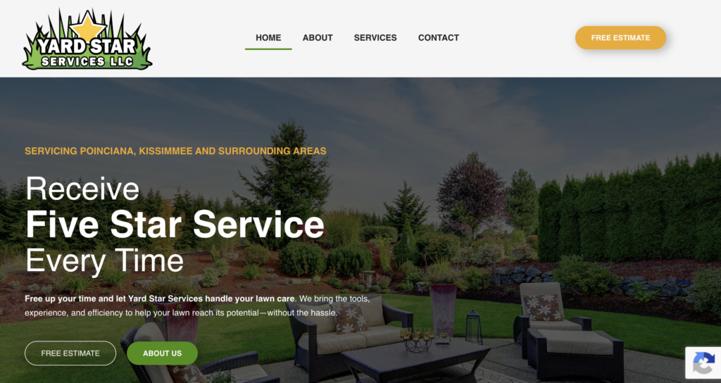 A landscaping company website, showcased in our Website Design Portfolio, offers free estimates and features a lush green backyard with patio furniture. The site highlights “Five Star Service” for lawn care in Poinciana, Kissimmee, and surrounding areas.